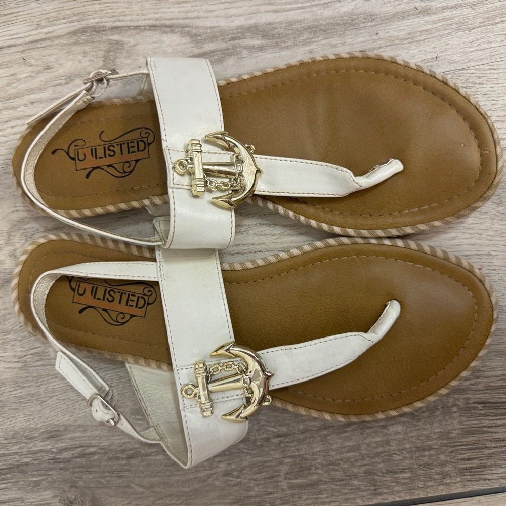 Unlisted White and Brown anchor Sandals with T-Strap Design